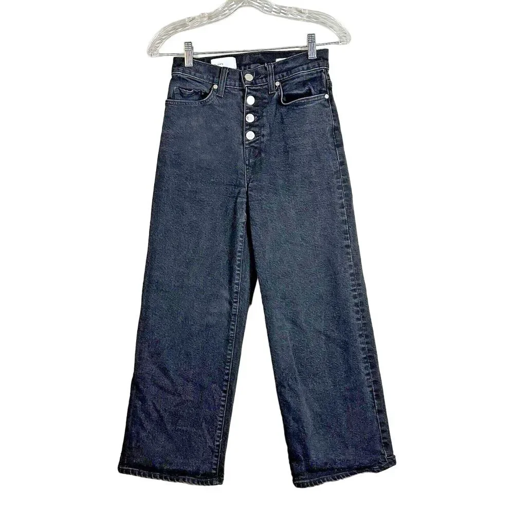 BLDWN Size 25 Carbon Black Wide Leg Cropped Exposed Button Fly Jeans